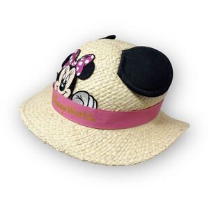 Disney World Minnie Mouse Straw Sun Hat Mouse Ears Pink Band Child One Size